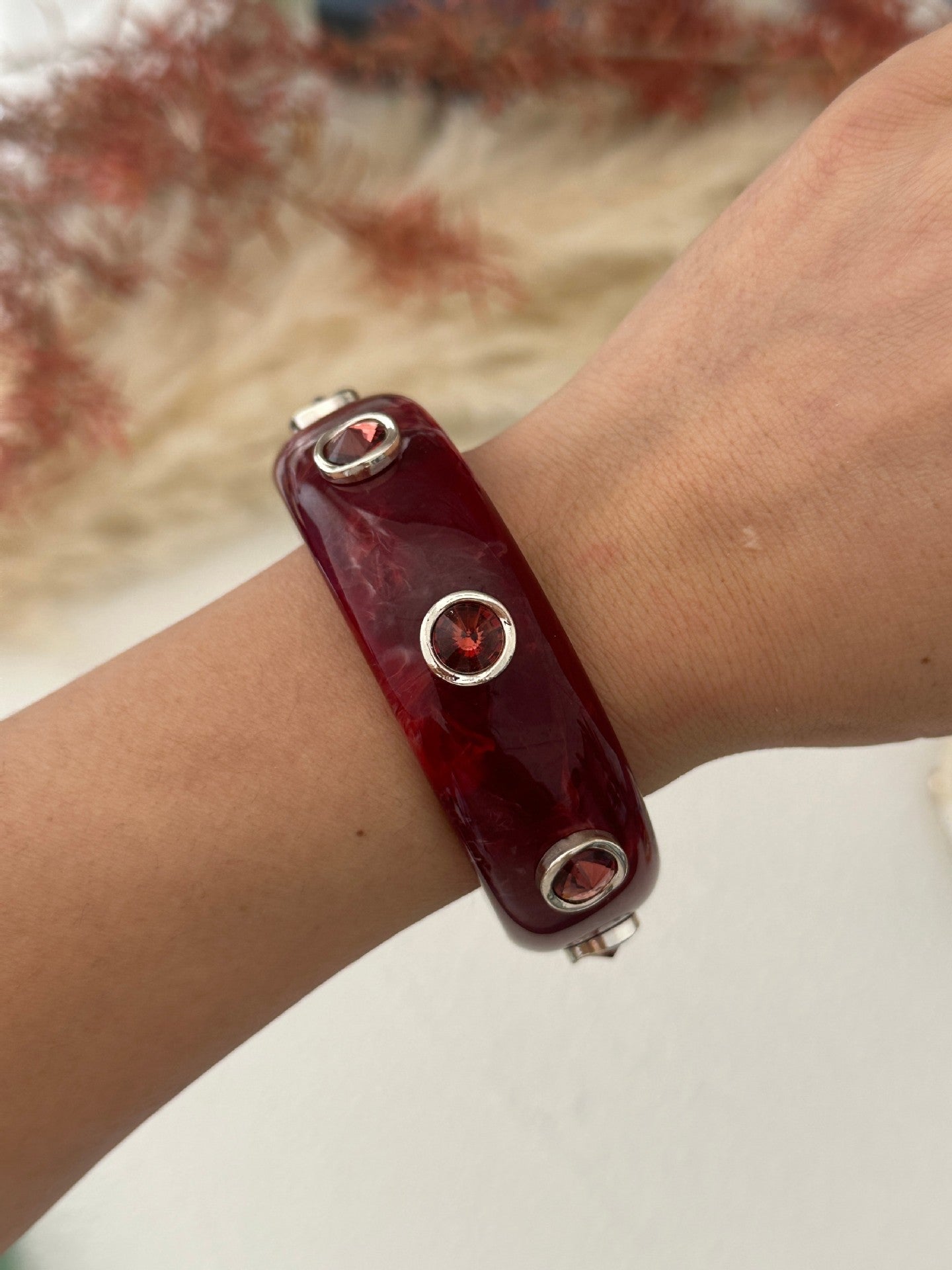 Geometric Rhinestone Inlaid Polished Acrylic Bracelet for Women