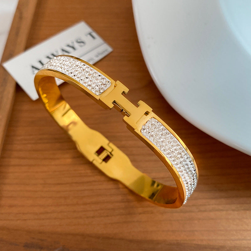 Paved Rhinestone Letter Open Cuff Titanium Steel Bracelet for Women