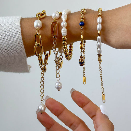 Geometric Round Pearl Plated Stainless Steel Bracelet for Women