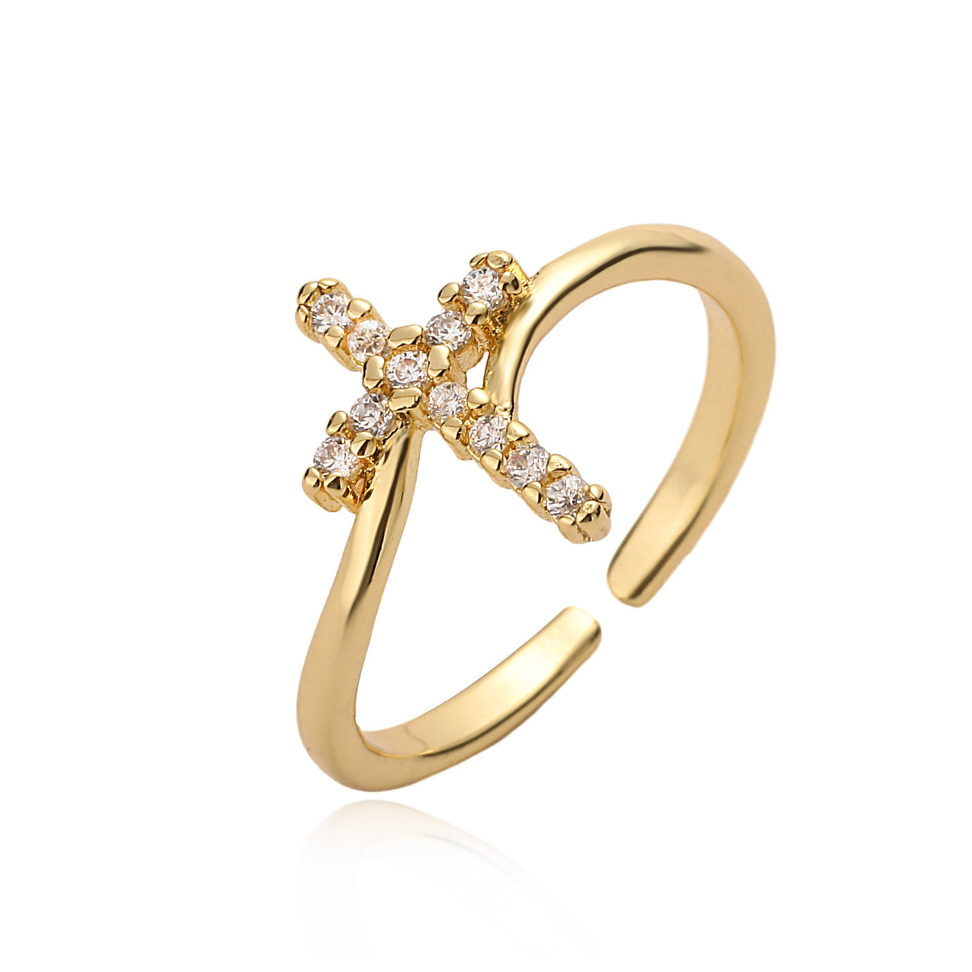 Minimalist Geometric Cross-Shaped Copper Ring with Gold Plating and Zircon Inlay for Women