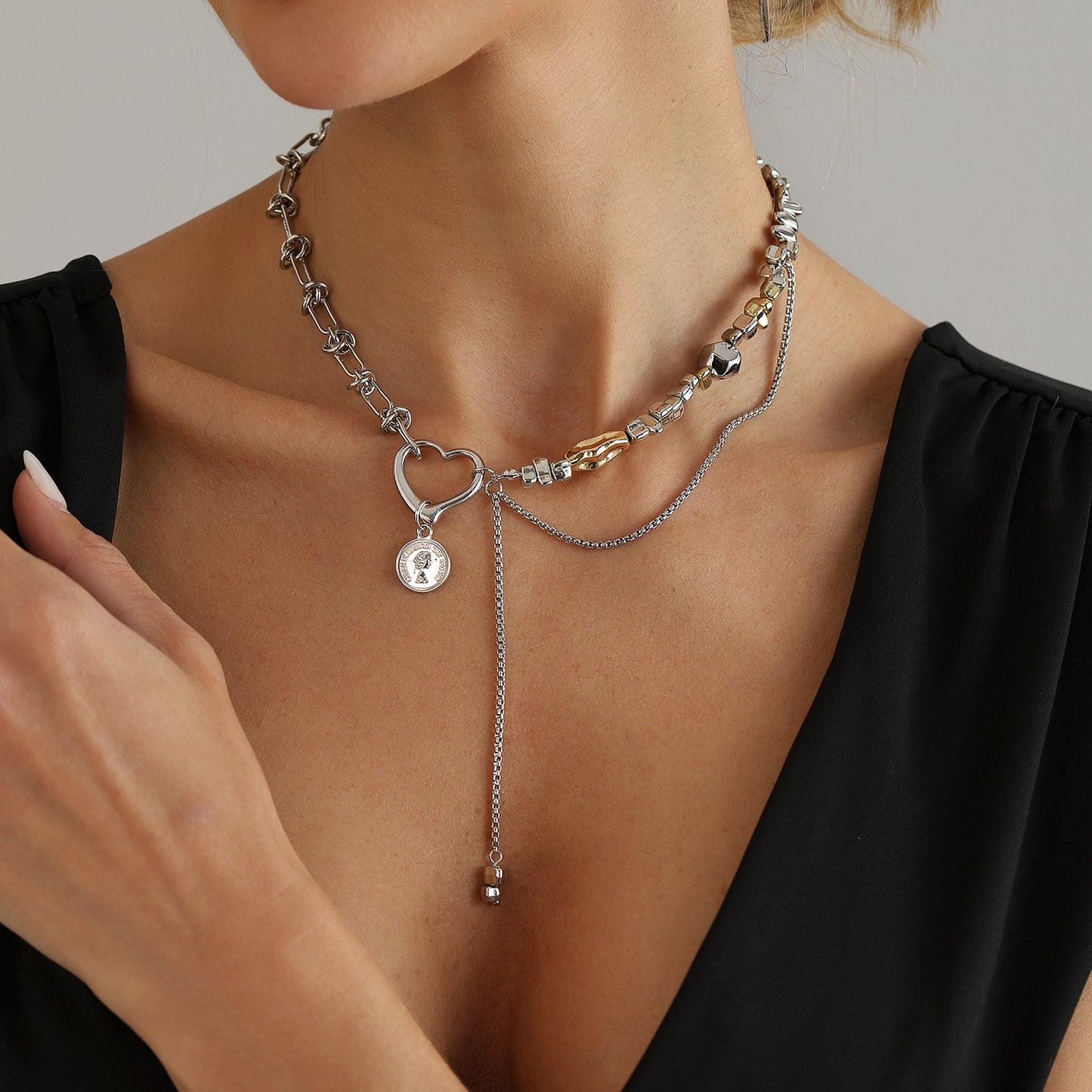 Vintage Heart Geometric Resin Alloy Plated Pendant Necklace with Tassel for Unisex