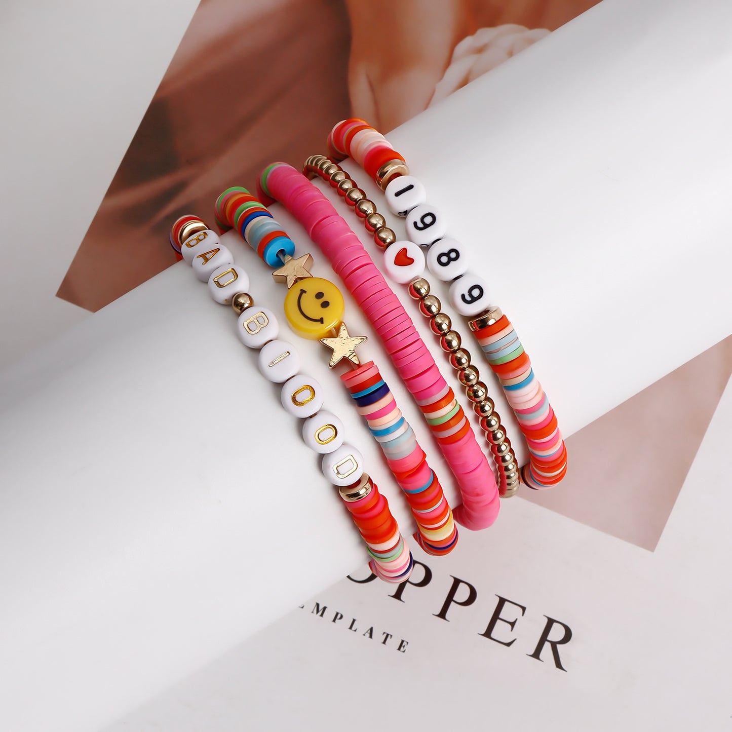 Ins Style Geometric Polymer Clay Letter Bracelet Set for Women with Plated Finish in Vibrant Red Tones