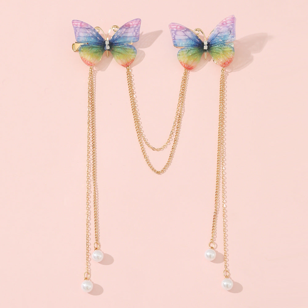 Ancient Chinese Style Butterfly Hairpin Set with Pearl Dangling Tassels for Girls, Metal Hair Clips with Delicate Flowing Fringe