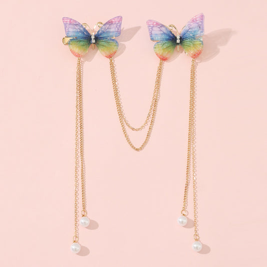 Juego de horquillas de mariposa de estilo chino antiguo con borlas colgantes de perlas para niñas, pinzas de metal para el pelo con delicados flecos fluidos