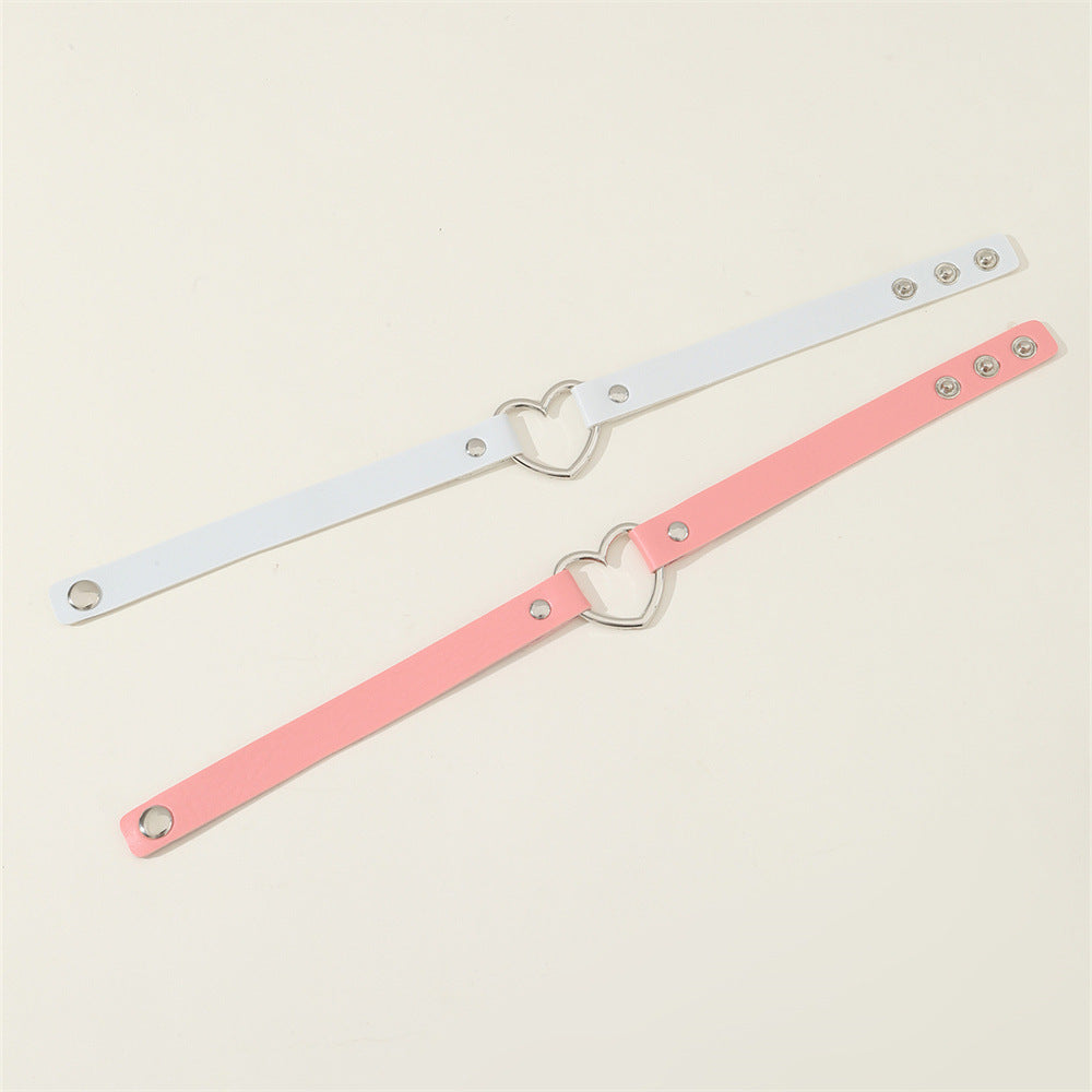Set di Girocolli in Pelle a Cuore Stile Harajuku Minimalista Carino per Bambini in Rosa Tenue e Bianco