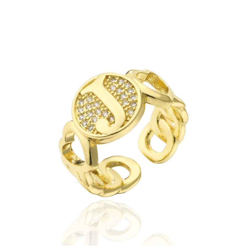 18K Gold Plated Brass Micro-Paved Cubic Zirconia Heart Letter Cuban Link Chain Open Ring for Women