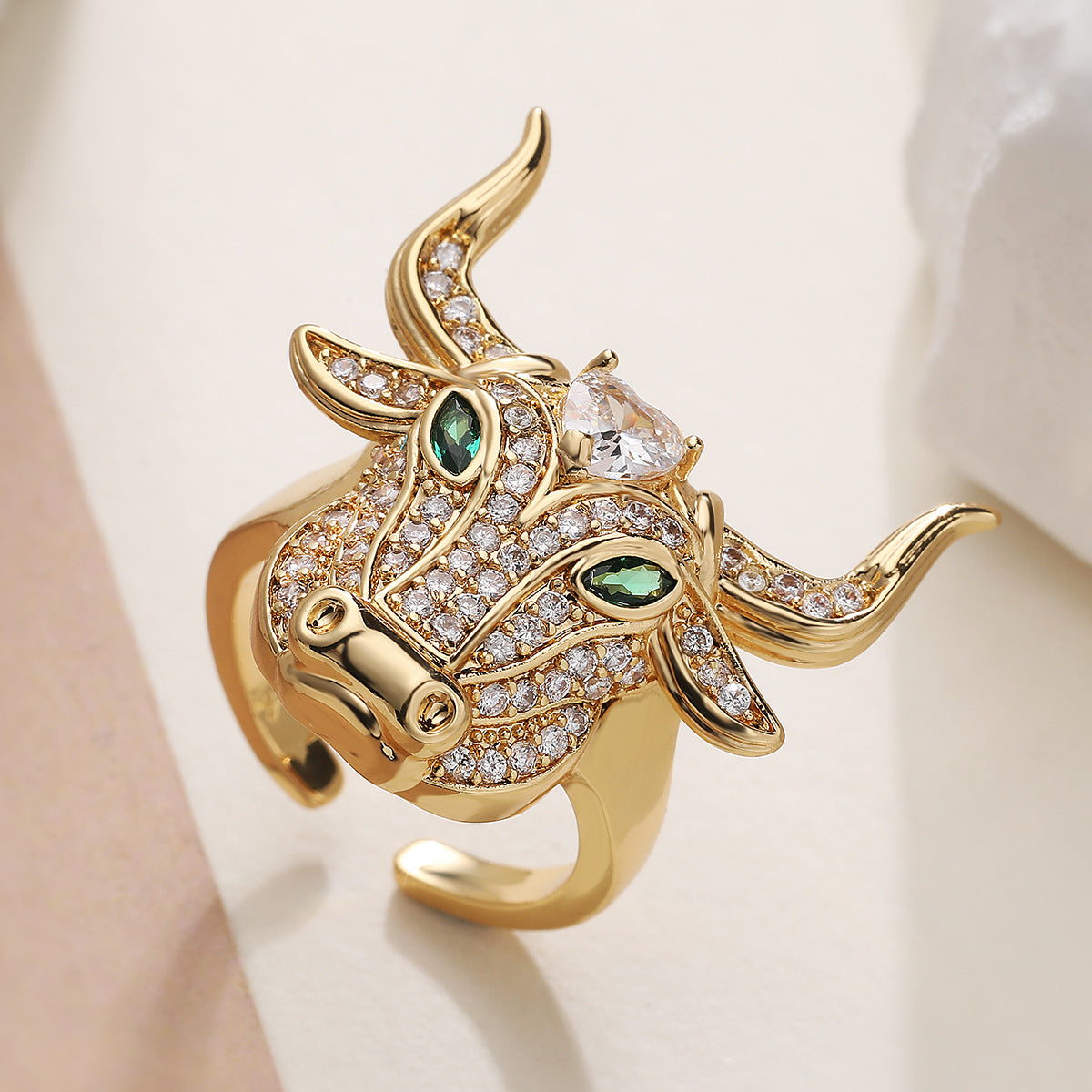 Hip-hop 18K Gold Plated Geometric Brass Ring with Cubic Zirconia for Women