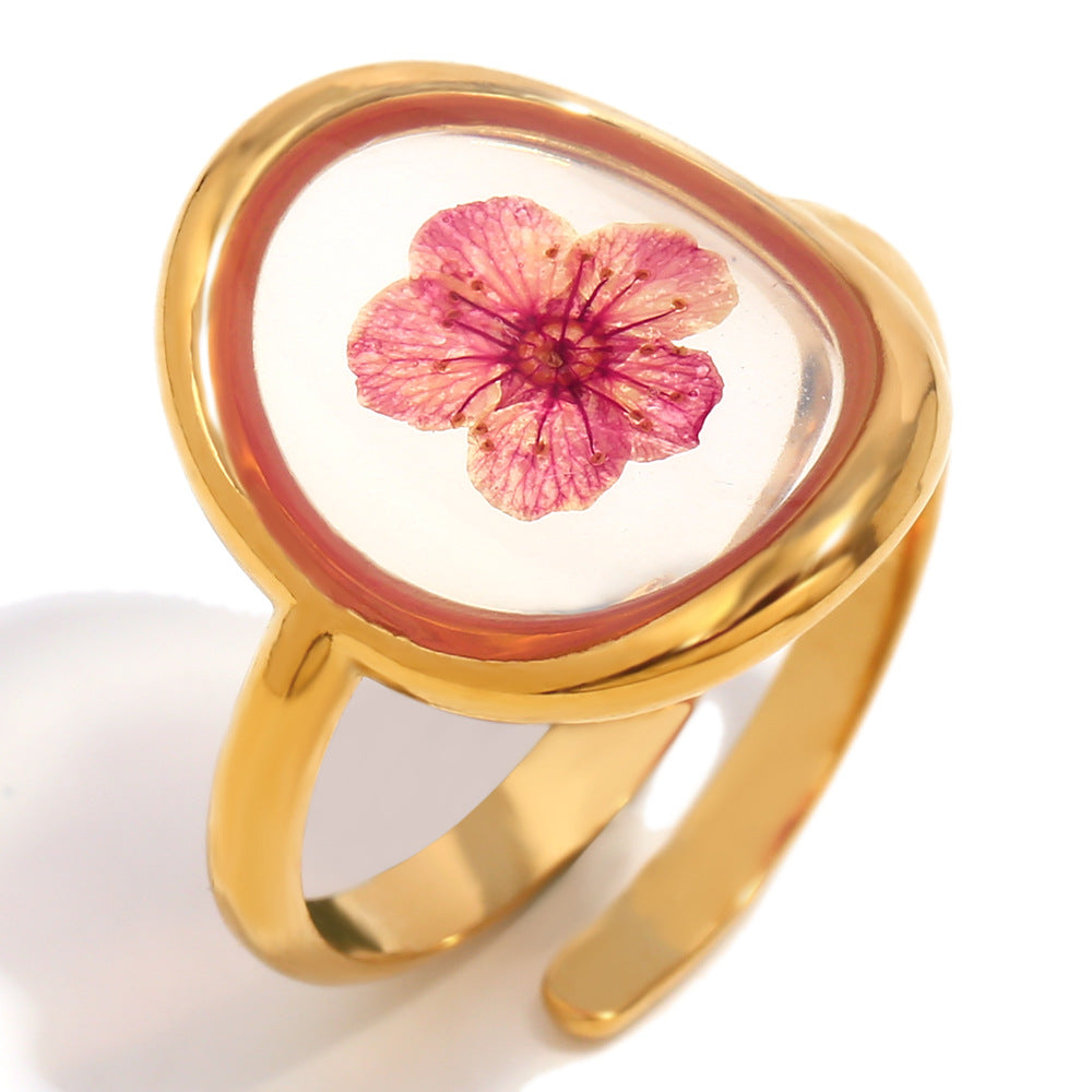 Vintage French Style Geometric Stainless Steel Plated 18K Gold Red Dried Flower Round Open Ring for Women