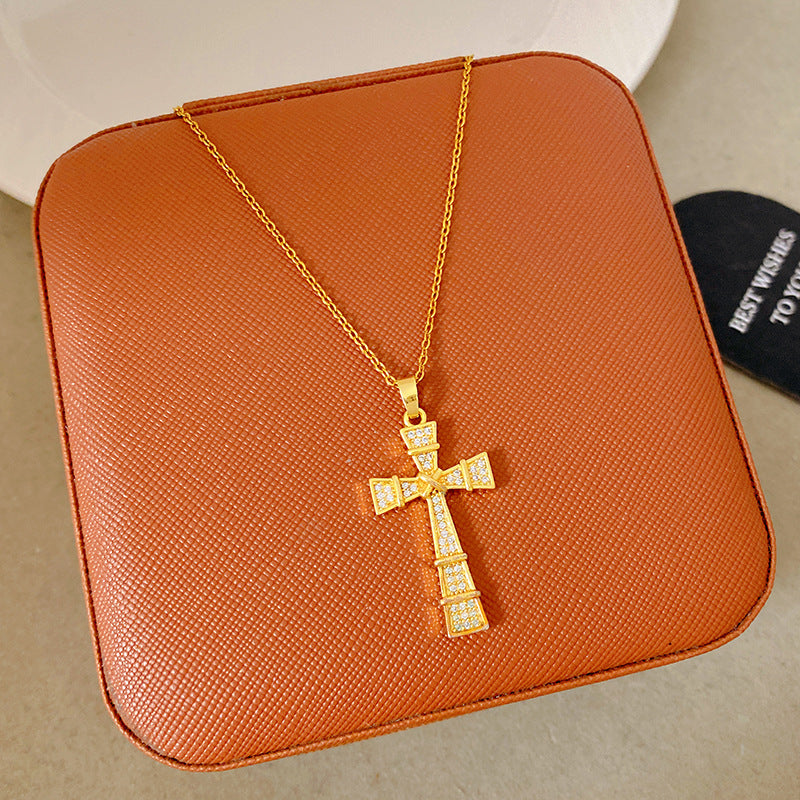 Sporty Sweet 18K Gold Plated Cross Titanium Steel Necklace with Cubic Zirconia for Women