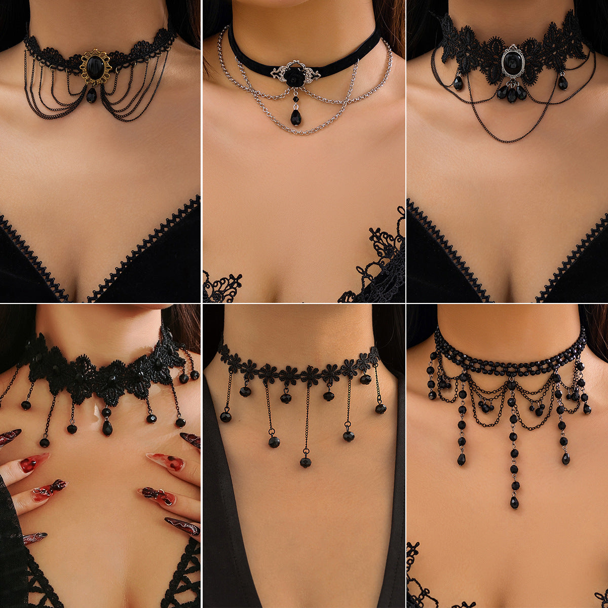 Gargantilla Punk Gótica de Encaje Negro con Colgante de Lágrima y Detalles de Borlas para Mujer