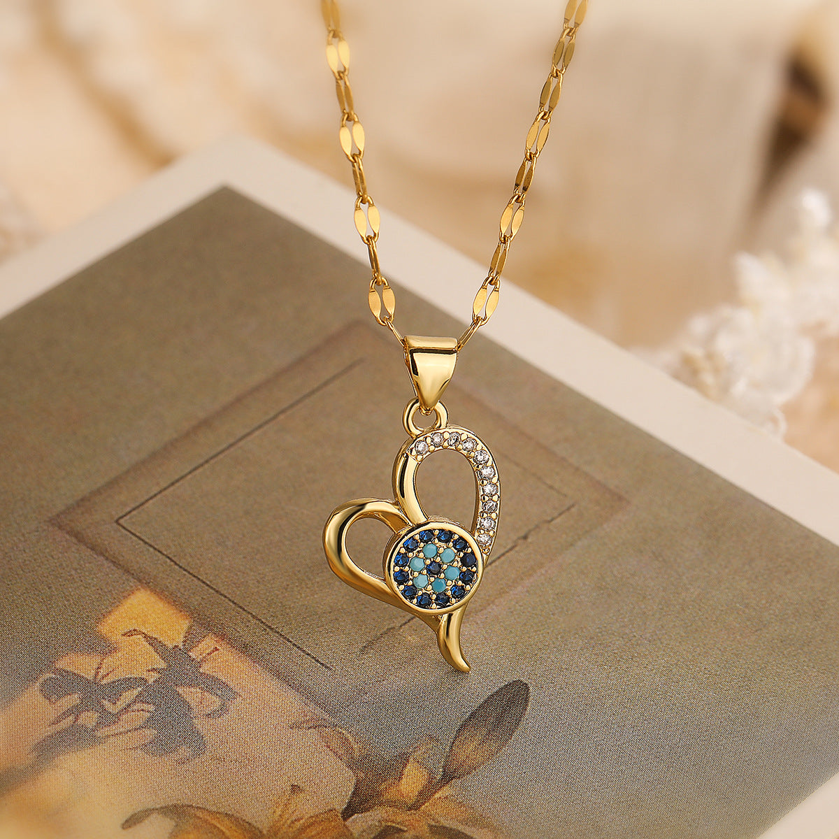 Set di collana e orecchini a cuore con ciondolo a occhio turco, in rame placcato oro 18 carati e zirconi cubici, da donna