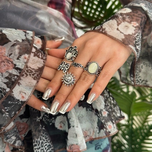 Vintage Bohemian Geometric Butterfly Gemstone Plated Alloy Ring Set for Women