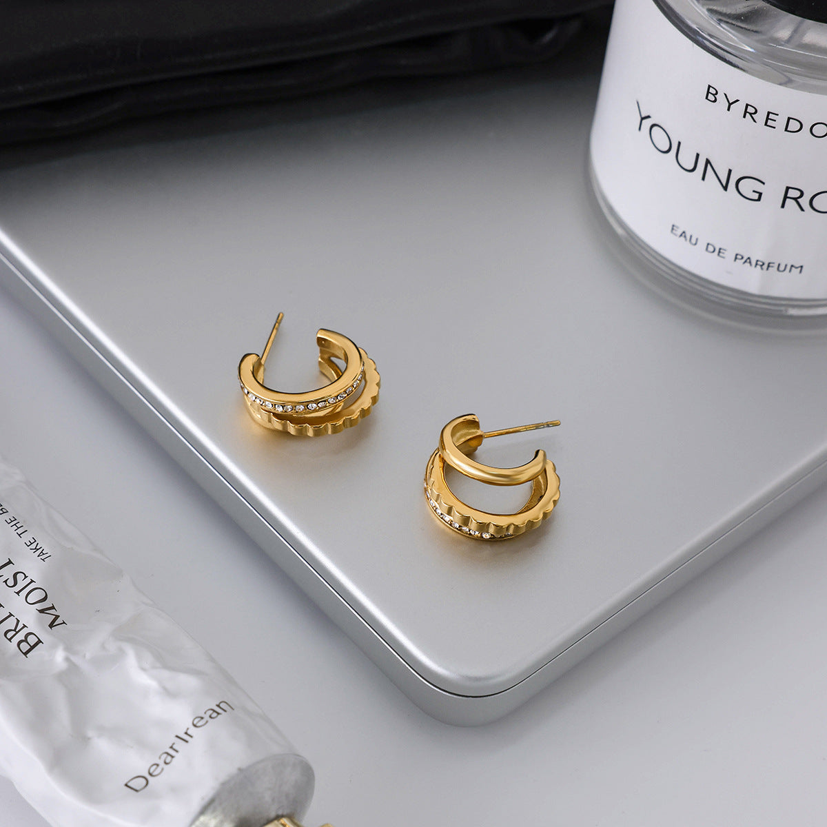 Aretes de tuerca geométricos de acero inoxidable con diamantes de imitación para mujer, con acabado chapado, joyería de oreja minimalista de lujo