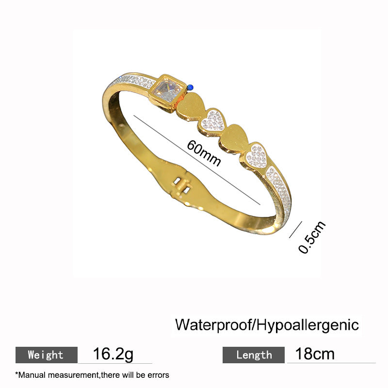 Minimalist Sweet Heart Rhinestone Inlaid Titanium Steel Plated Spring Open Bangle