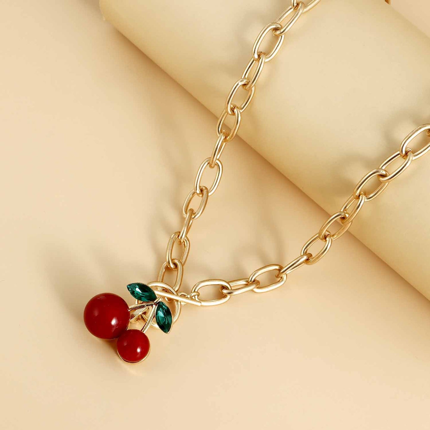 Y2K Geometric Oversized Cherry Pendant Necklace for Women with Alloy Chain and Electroplated Finish