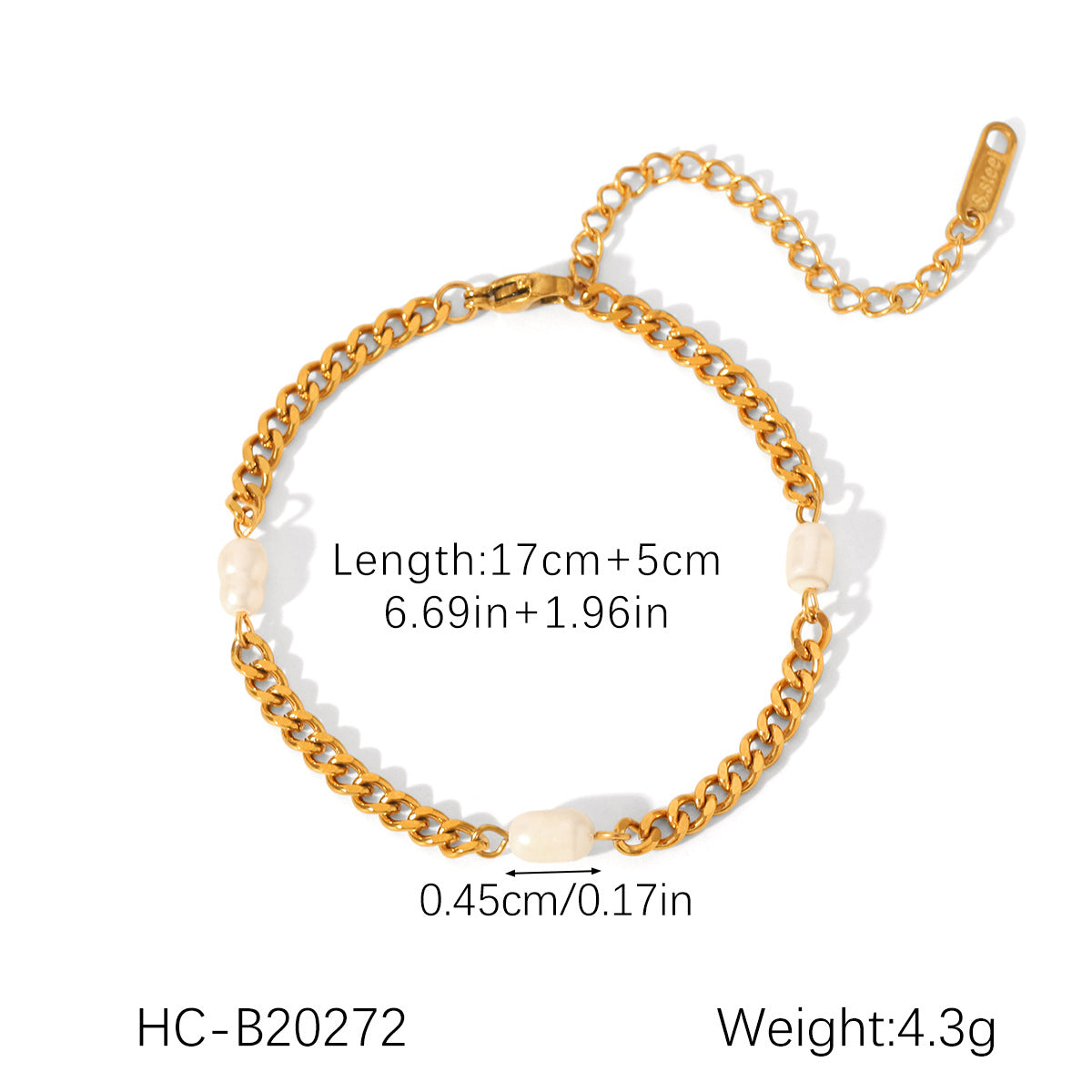 Elegant French Luxury Freshwater Pearl Bracelet for Women with 18K Gold Plated Stainless Steel Cuban Chain and Geometric Design