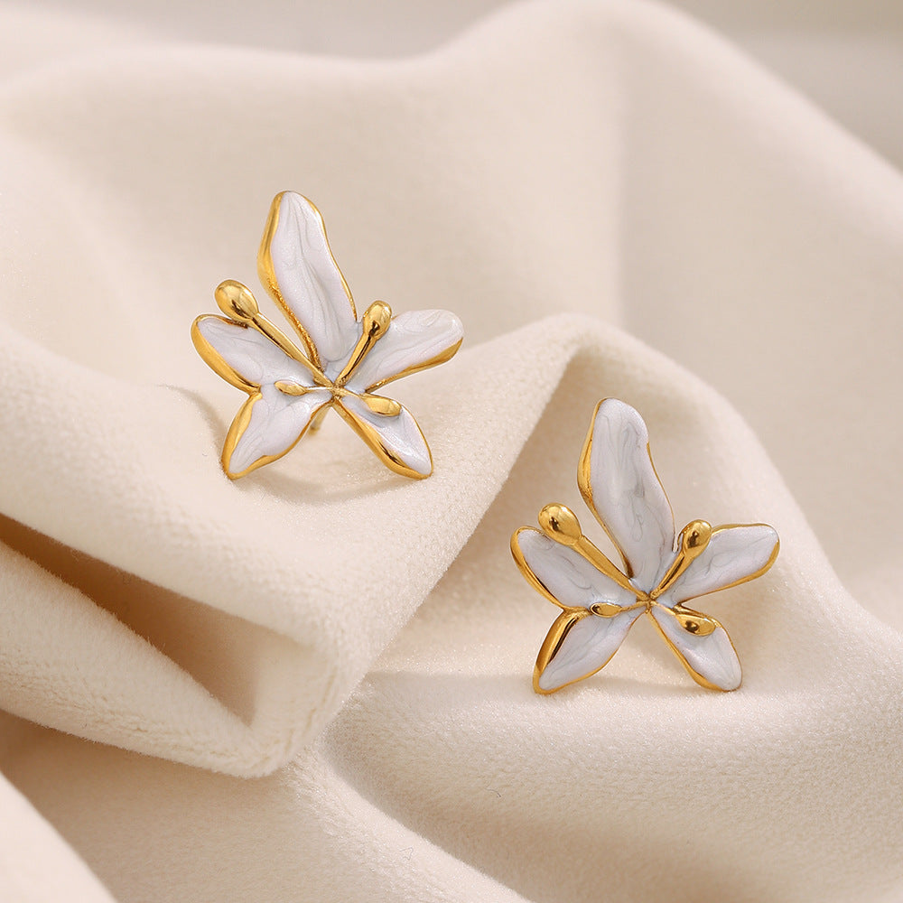Minimalist French-Inspired Floral Stud Earrings in Stainless Steel with 18K Gold Plating and Enamel Finish