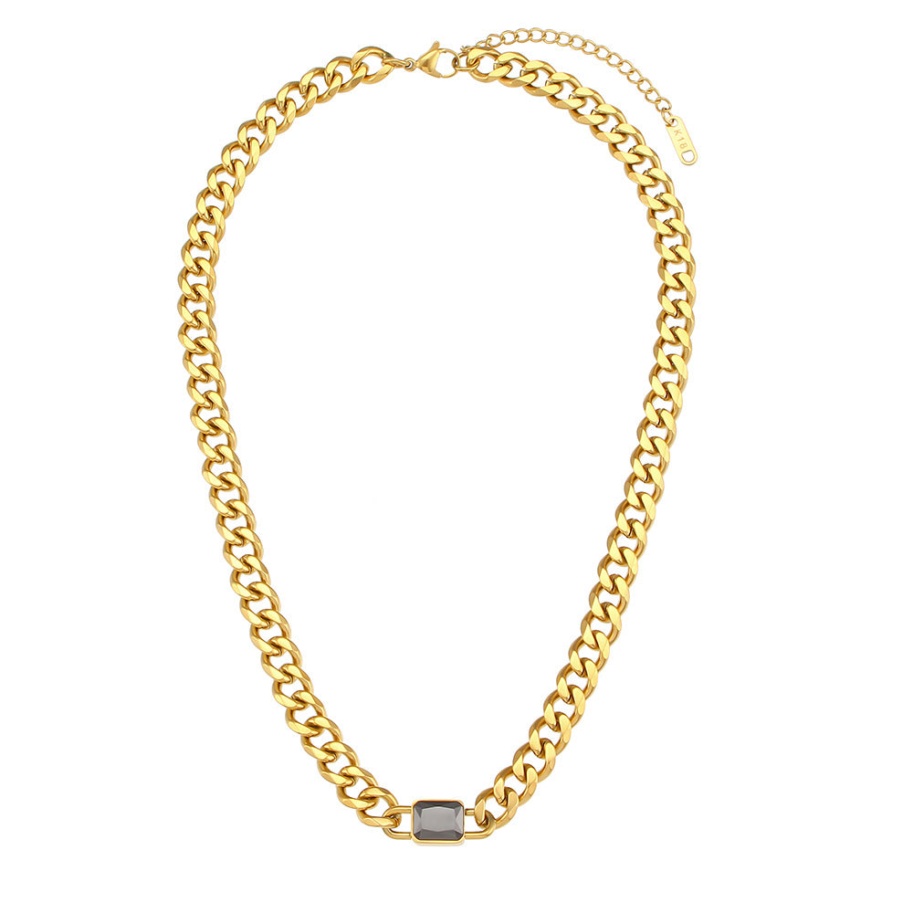 Collana da donna con catena cubana placcata in acciaio inossidabile e oro 18 carati, con pendente quadrato in zircone, in stile vintage
