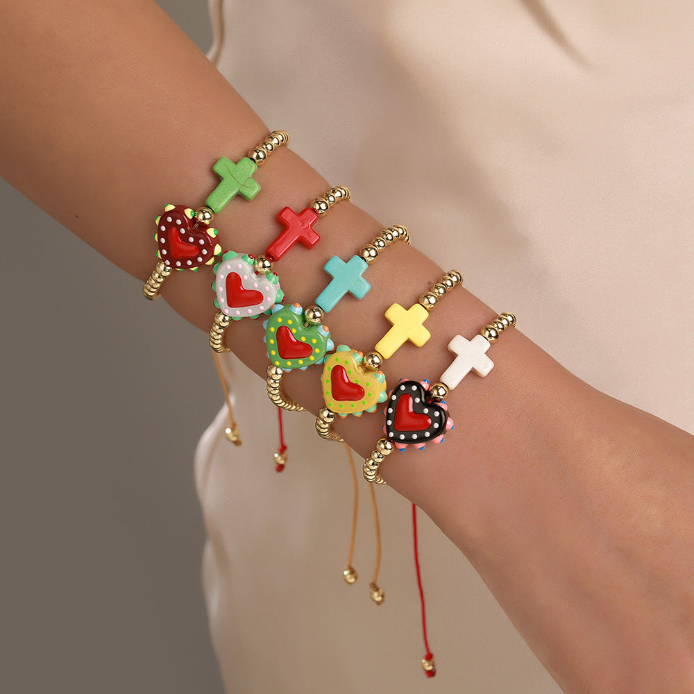 Casual Elegant Handmade Geometric Cross Heart Turquoise Bracelet with Gold Bead Accents