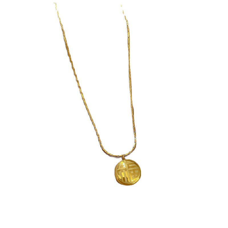 Collar con colgante Fu Xi de doble cara de acero de titanio minimalista para mujer, con diseño geométrico y acabado chapado en oro