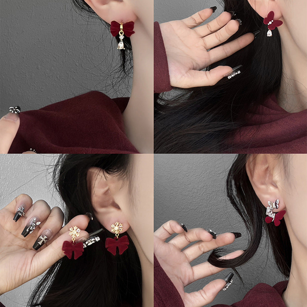 Orecchini di lusso a fiocco con cuore e motivo floreale in lega con intarsio di strass e perni in argento 925
