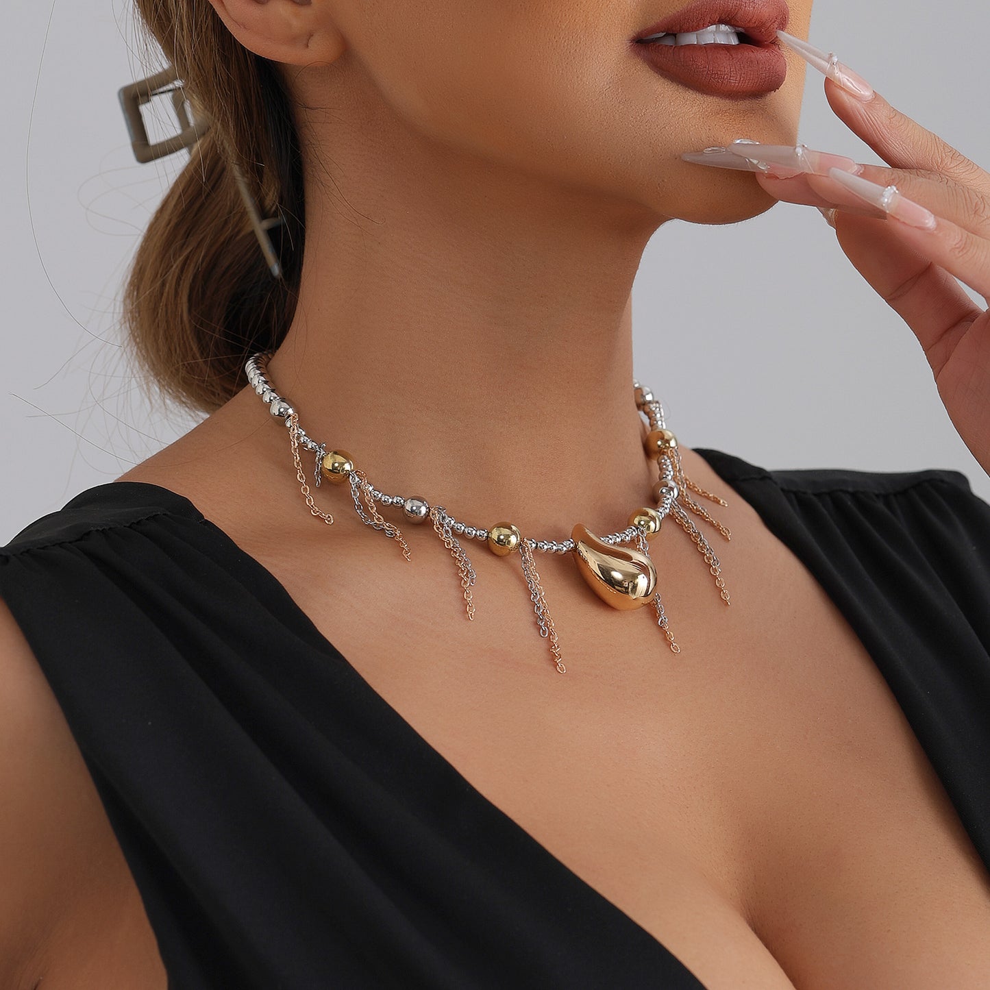 Casual Two-Tone Geometric Teardrop Alloy Plated Necklace with Ball Chain for Women
