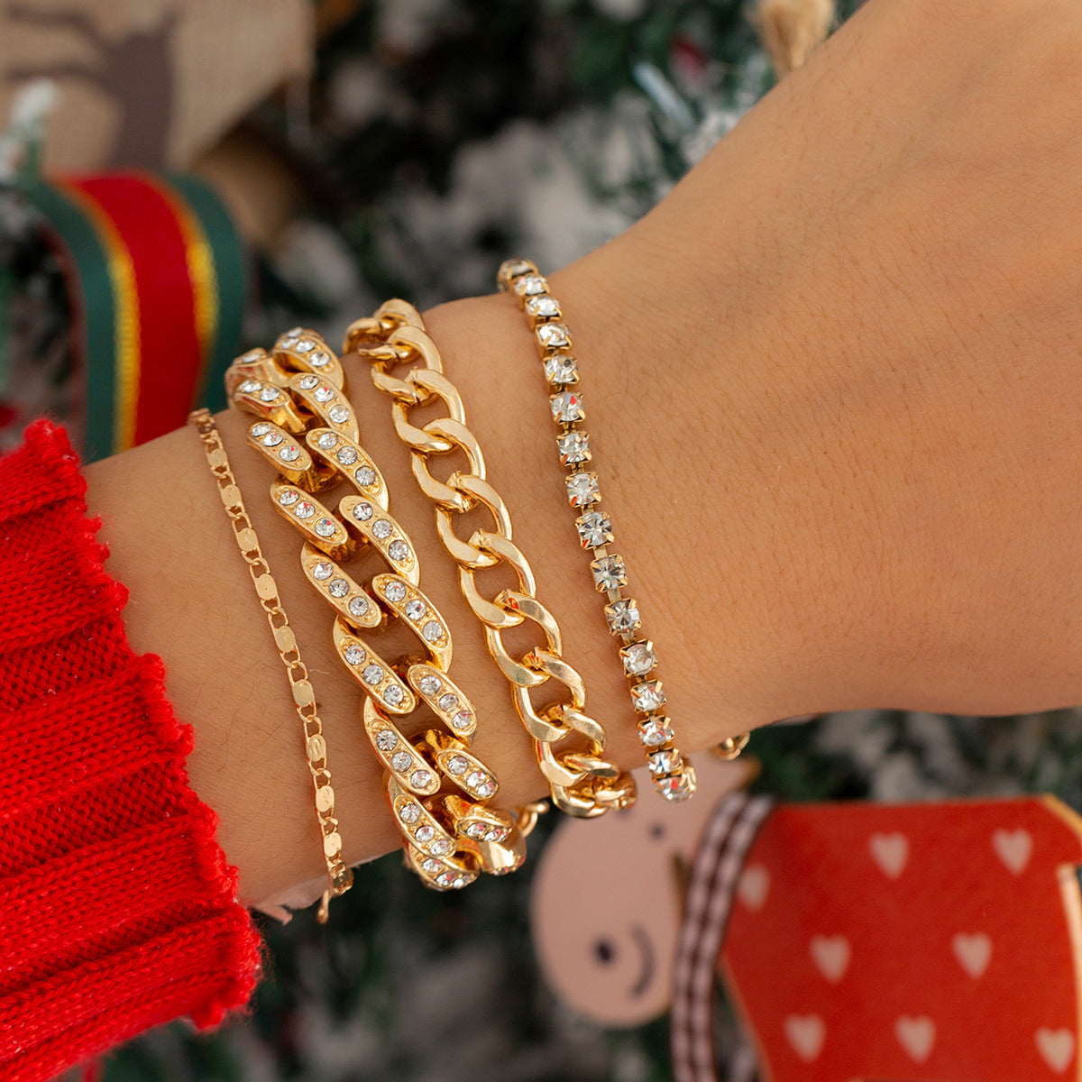 Bracciale a maglie cubane in lega con corda ritorta geometrica personalizzata con intarsio di strass da donna