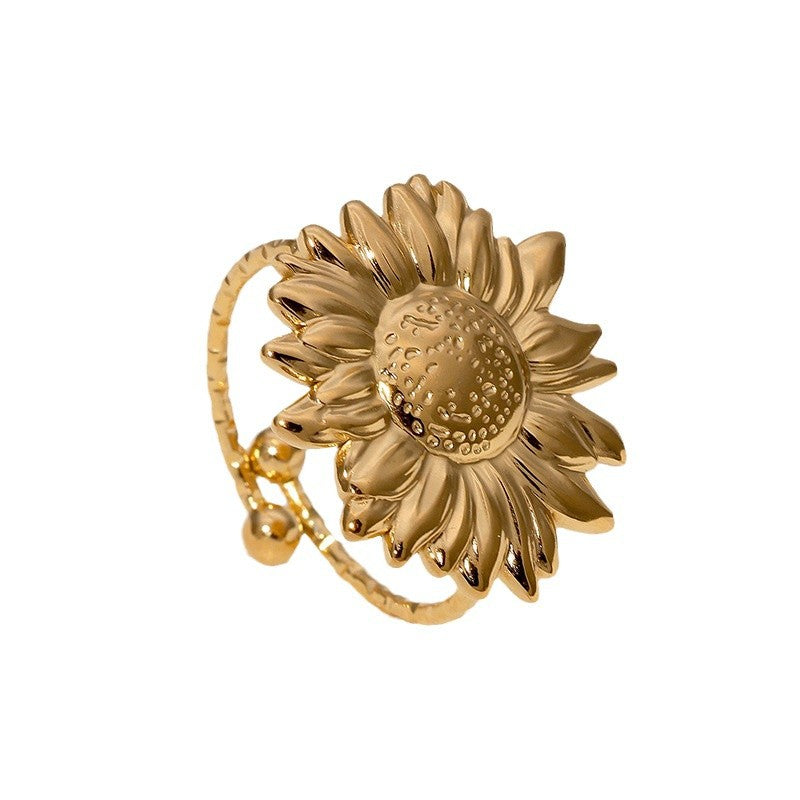 Minimalist Sunflower Floral Adjustable Stainless Steel Ring with Gold Plating for Women