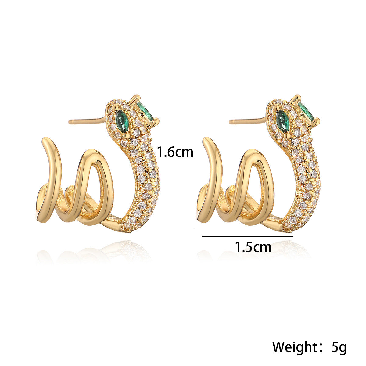 Minimalist Snake-Shaped Copper Earrings with 18K Gold Plating and Zircon Inlay for Women