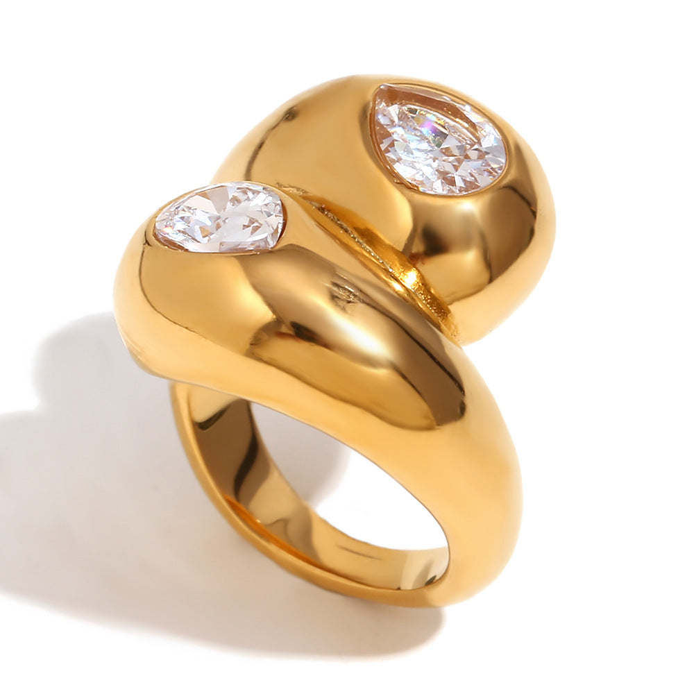 Minimalist Geometric Stainless Steel Plated 18K Gold Double-Head Zircon Snake Ring for Women