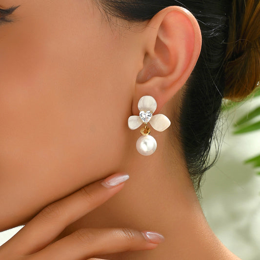 Minimalist Floral Pearl Earrings with Zircon Inlay for Women Stainless Steel Posts