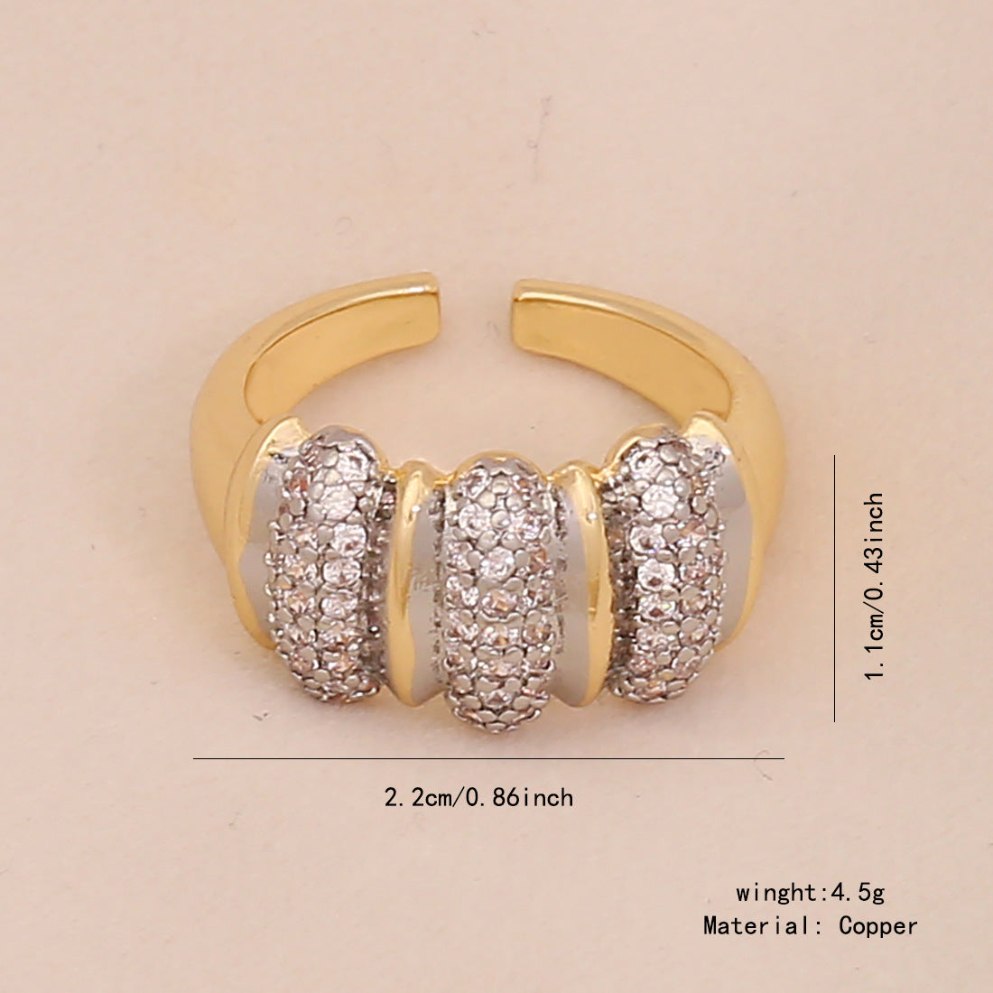 Geometric Heart-Shaped Copper Ring with Zircon Inlay for Women