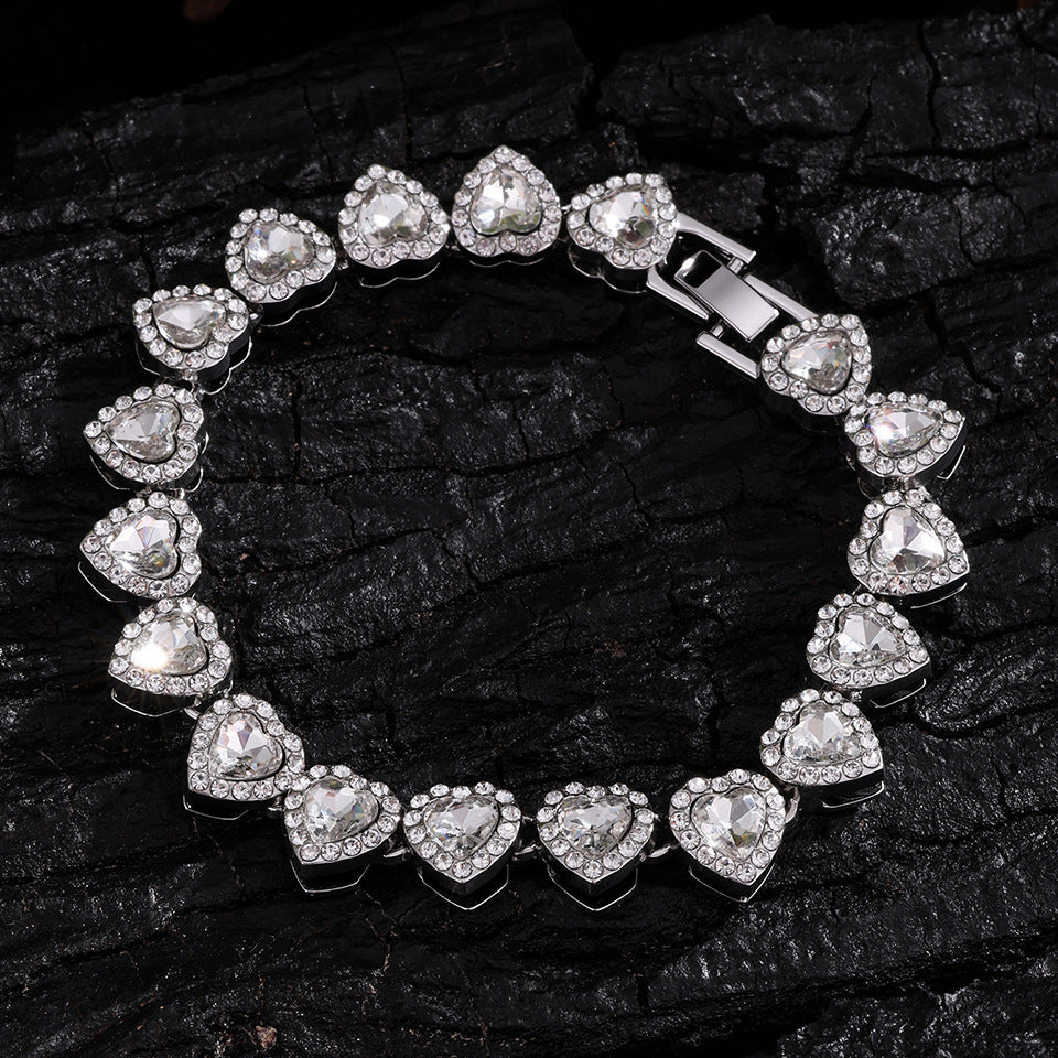 Luxury Heart Shape Brass Cuban Link Chain Necklace Set with Cubic Zirconia Inlay for Unisex