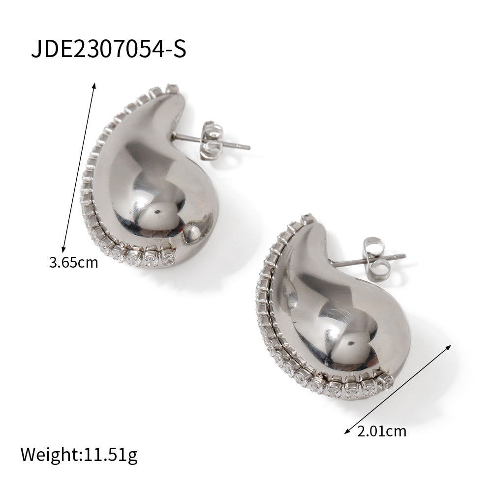 Pendientes de Mujer de Acero Inoxidable con Zirconia y Baño de Oro de 18K, Diseño Geométrico de Gota de Agua