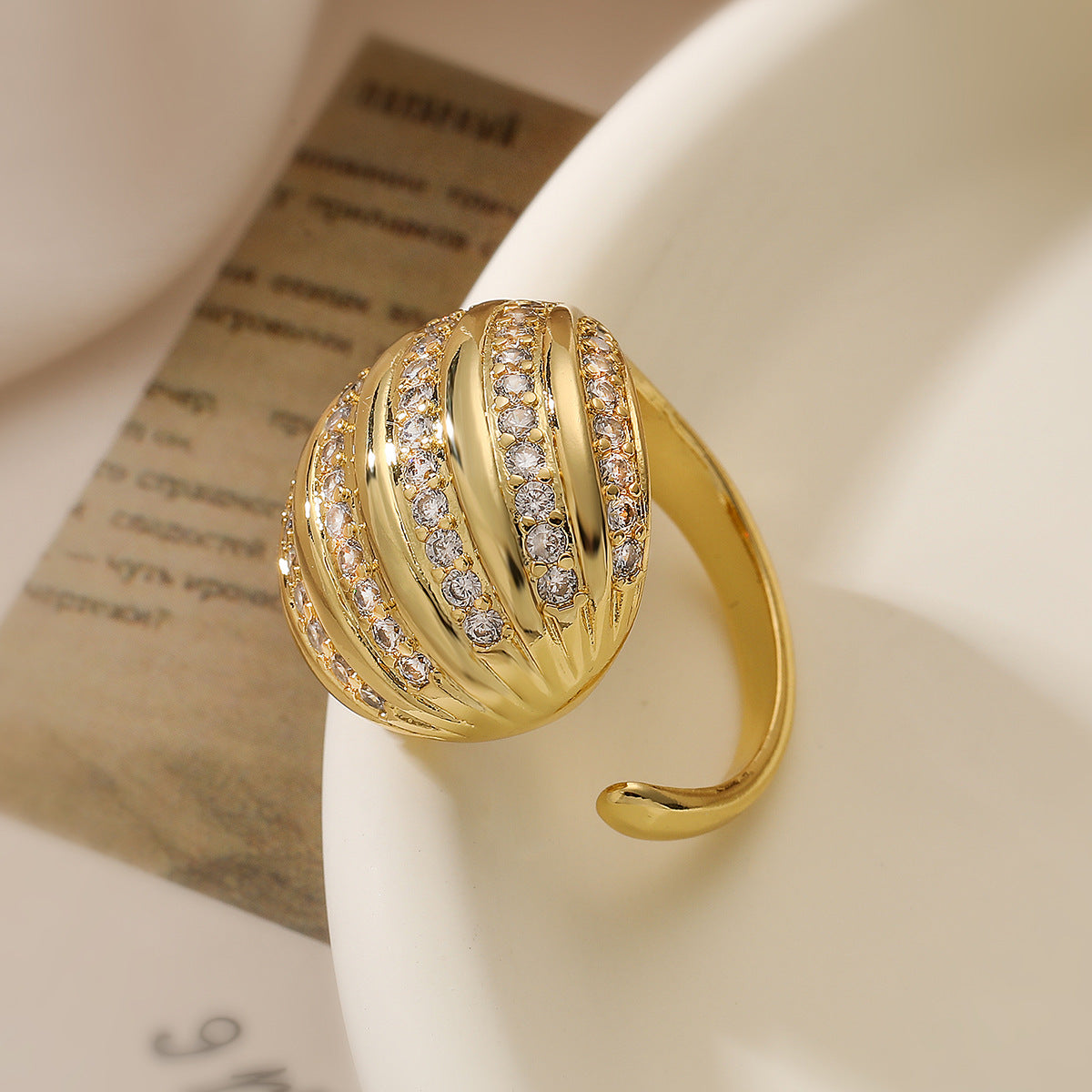 Minimalist Geometric Open Ring for Women Made of Brass with Real Gold Plating and Zircon Inlay