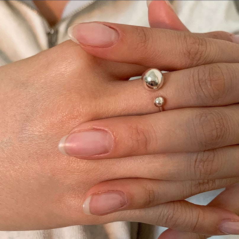 S925 Sterling Silver Geometric Ring with Round and Oval Beads Adjustable Open Band Minimalist Fashion Stackable Finger Ring for Women