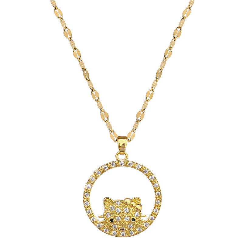 Collana girocollo minimalista a cerchio con ciondolo a forma di gatto per uomo e donna in acciaio al titanio con strass e catena delicata