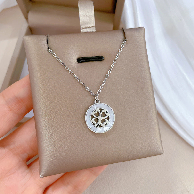 Minimalist Geometric Clover Shell Pendant Necklace for Women and Men in Titanium Steel with Gold Plating