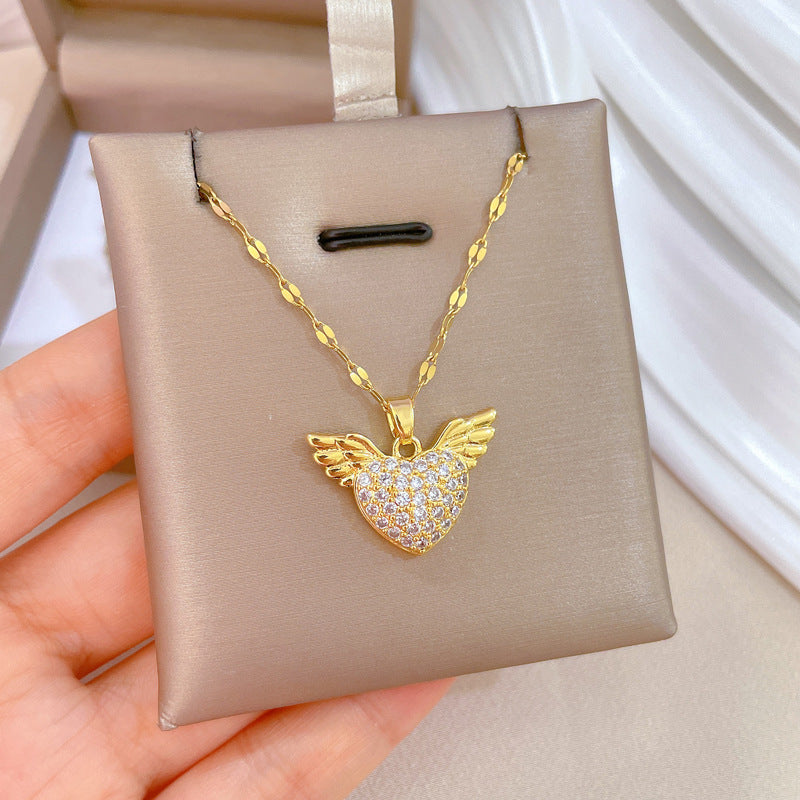 Minimalist Heart and Angel Wing Pendant Necklace in Stainless Steel with Moon Motif for Women and Men