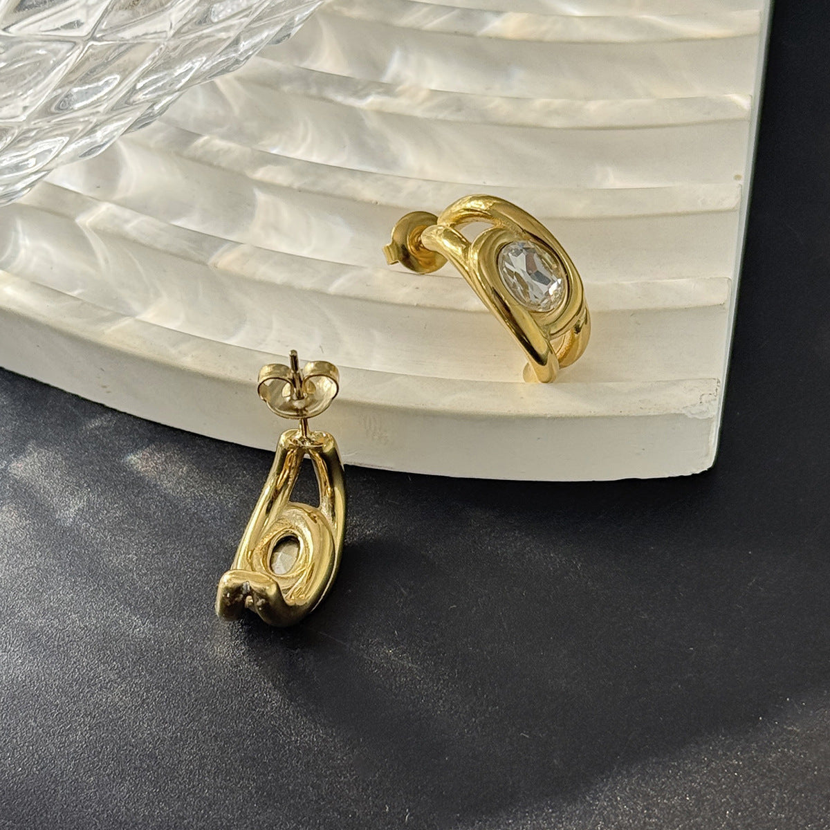 Elegant Geometric 18K Gold Plated Stainless Steel Rhinestone C-Shaped Earrings for Women