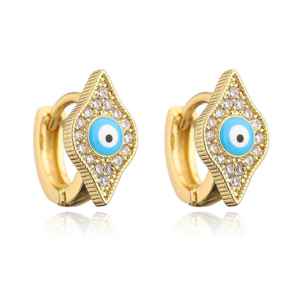 Orecchini a Cerchio da Donna con Occhio di Allah Geometrico Minimalista in Rame con Placcatura in Oro 18K e Intarsio in Zirconia Smaltata