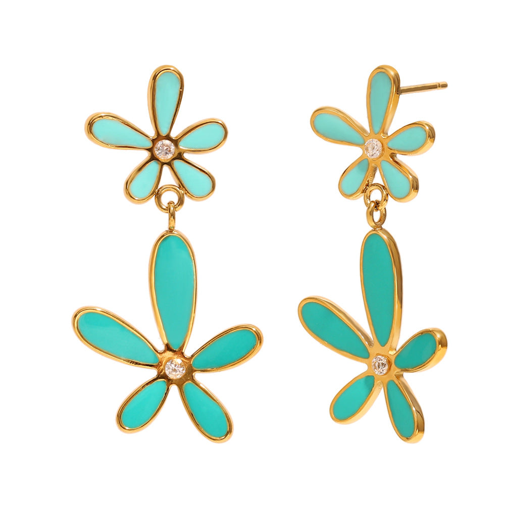 Minimalist Fresh Botanical Stainless Steel Earrings with 18K Gold Plating and Enamel Grass Design for Women