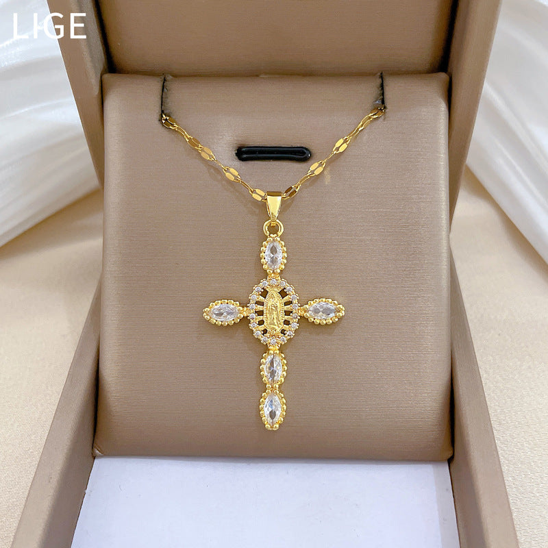 Sweet Full Rhinestone Cross Geometric Titanium Steel Necklace for Unisex