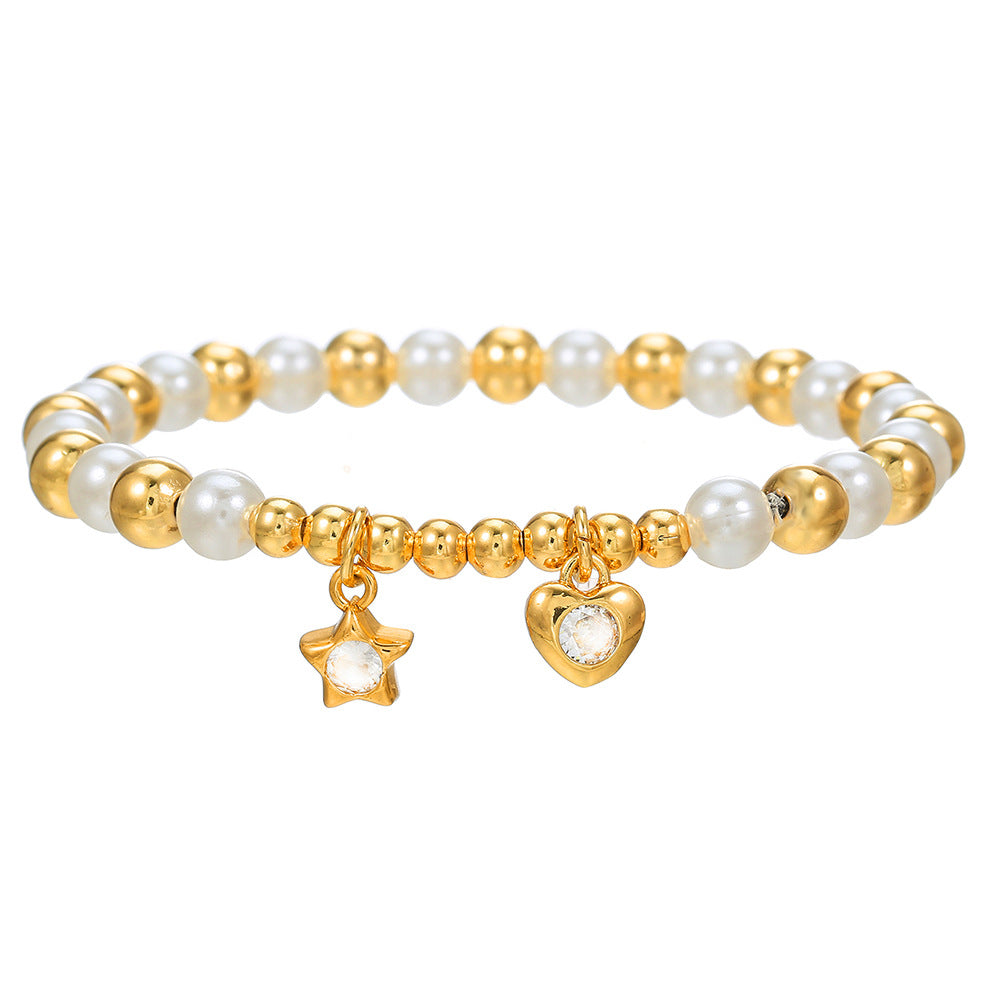Cherry Heart Cross Fruit Shape Brass Bracelet with Cubic Zirconia and Pearl Inlay for Unisex