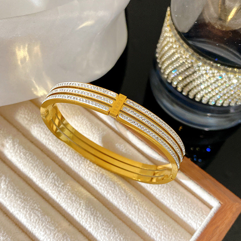 Minimalist Luxury Gold Plated Geometric Roman Number Cubic Zirconia Inlay Stainless Steel Cuff Bracelet for Women