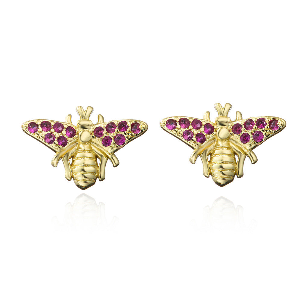 Geometric Insect Design Copper Earrings with Real Gold Plating and Zirconia Accents for Women