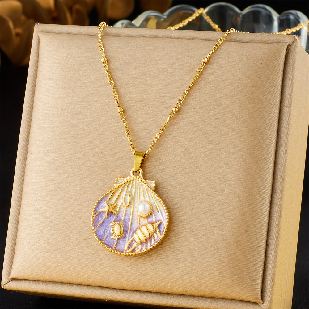 Collana con ciondolo a conchiglia minimalista dolce, animale marino in acciaio inossidabile con finitura smaltata sfumata