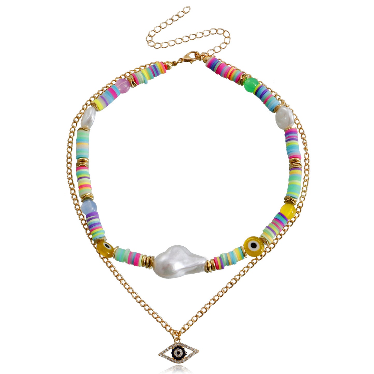 Bohemian Multilayer Polymer Clay Evil Eye Necklace for Women with Geometric Pendant, Alloy Chain, Electroplated Finish