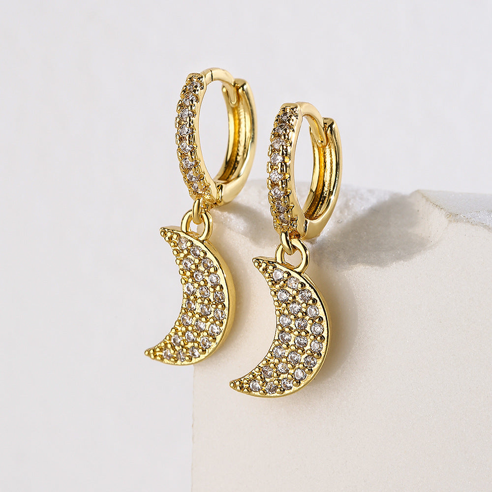 Minimalist Moon-Shaped Copper Earrings with 18K Gold Plating and Micro-Paved Zirconia for Women