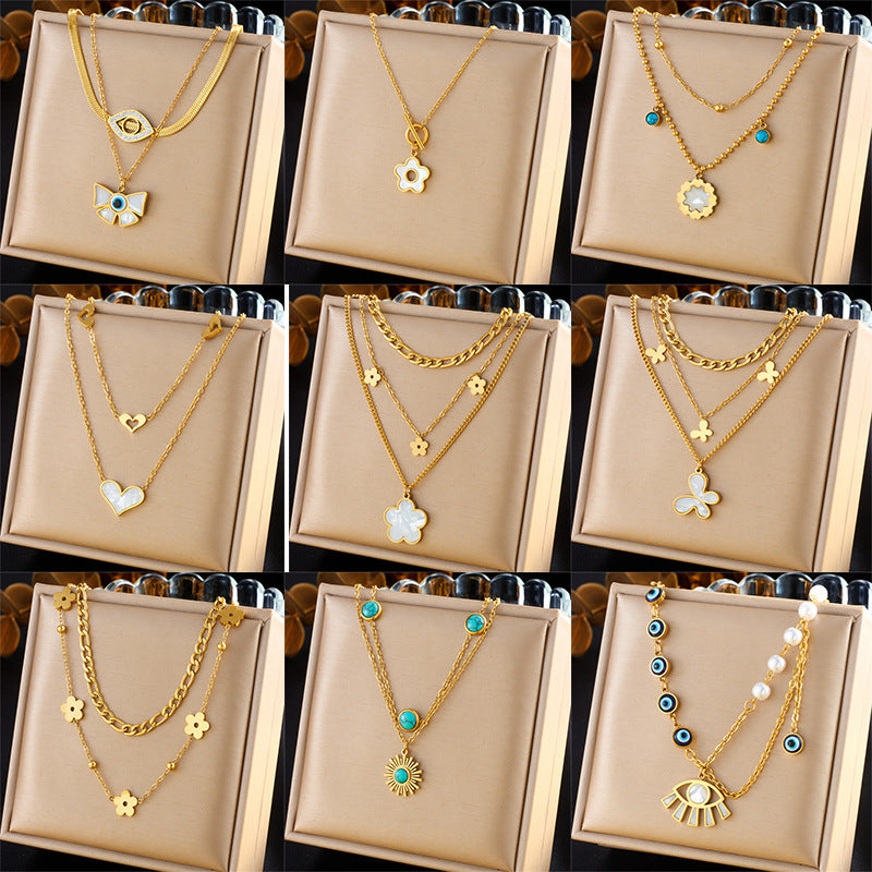 Vintage Fashion Stainless Steel Multi-Layer Irregular Heart Floral Bow Pendant Necklace